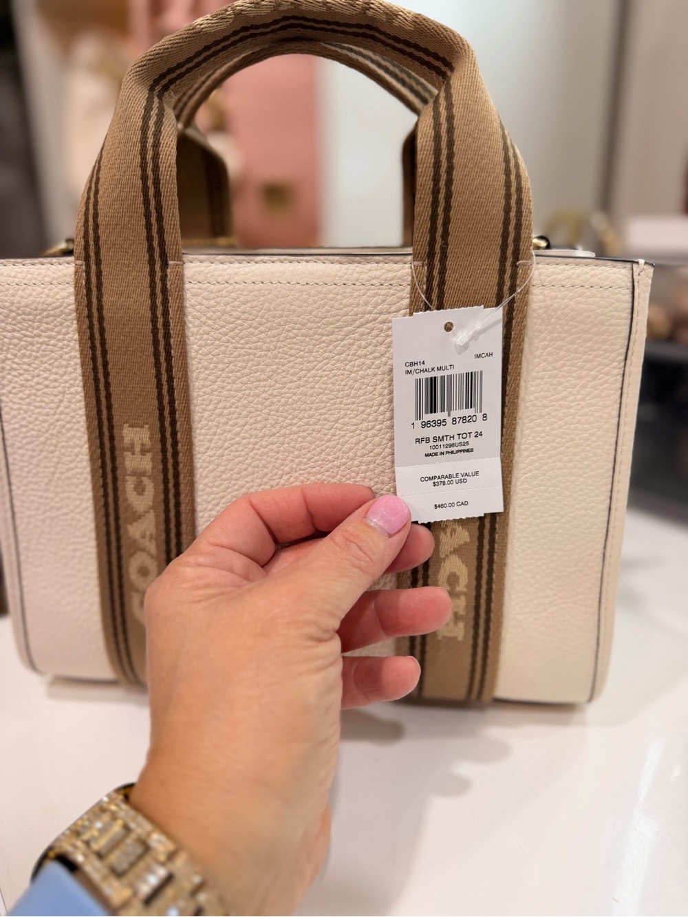 Coach Chalk and Tan Logo-Striped Pebble Leather Tote - Picture 6 of 6